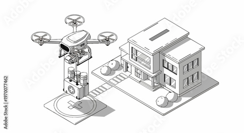 Isometric Drone Delivery of Medical Supplies to Modern House Illustration, Futuristic Healthcare and Emergency Response Technology Concept