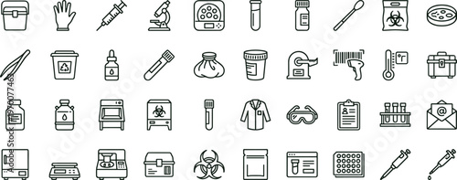 Laboratory safety equipment outline icon set with biohazard protection sample handling diagnostics lab tools healthcare symbols for medical apps dashboards interfaces