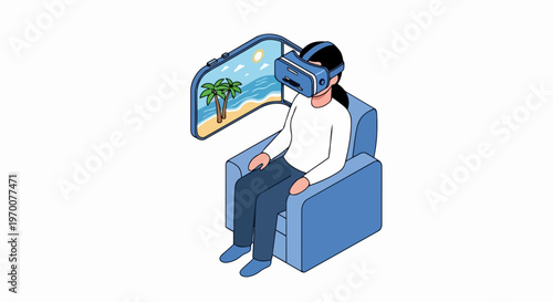 Isometric Illustration of a Woman in a VR Headset Experiencing a Virtual Tropical Beach Vacation. Future Technology and Metaverse Concept for Travel and Leisure.