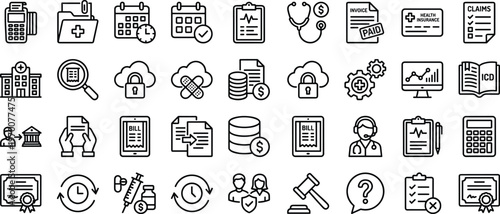 Medical billing insurance outline icon set with healthcare claims payment finance documentation symbols for hospital apps dashboards interfaces
