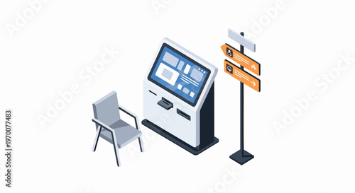 Isometric Interactive Digital Kiosk with Touch Screen Terminal and Directional Signage for Smart City Navigation and Self-Service