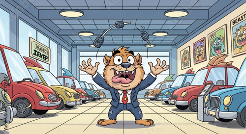 Cartoon monster car salesman character excited in a dealership showroom full of colorful cars
