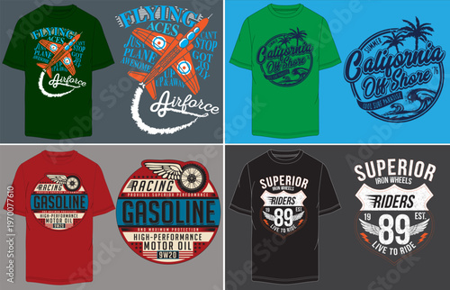 T-shirt designs, vintage typography, California style, 6 graphic tees