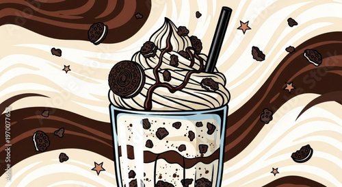 Chocolate cookie milkshake with whipped cream and cookie crumbles illustration