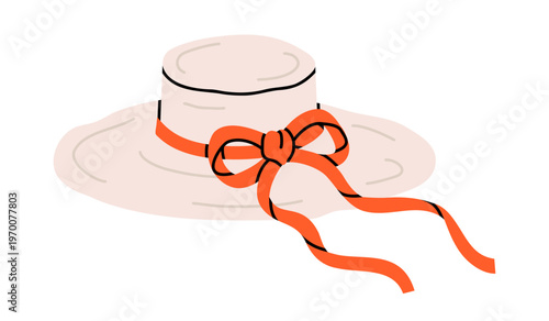 Hand drawn cute illustration of beach hat. Flat vector straw summer headdress with ribbon and bow doodle sticker. icon. Vacation or garden accessories. Sun protection cup. Isolated.