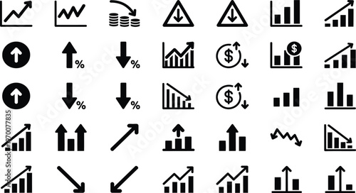 Collection of black and white line and bar graph icons illustrating growth