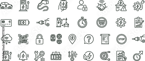 Electric vehicle charging workflow outline icon set featuring authentication monitoring payment infrastructure symbols for apps websites dashboards presentations interface design