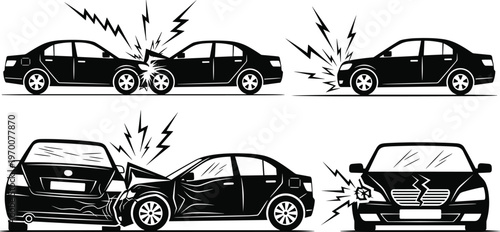 Vector illustration of car collisions showing head‑on, rear‑end, and front‑impact crash scenarios with damaged vehicles and accident impact symbols
