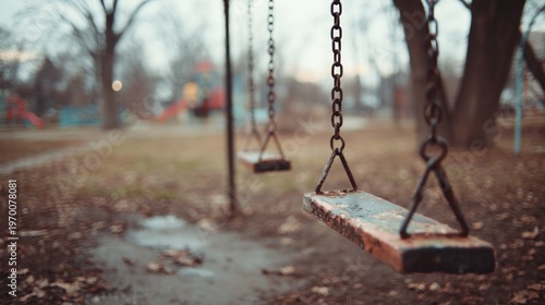 Empty park playground swing with chains and blurred background of trees and fallen leaves in autumn