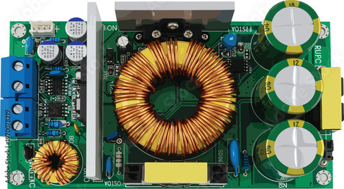 Electronic circuit board vector illustration showing DC‑DC converter module with capacitors, inductors, resistors, heat sink, and power supply components