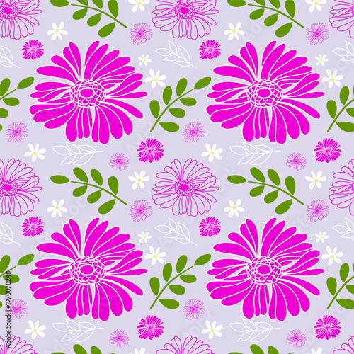 Seamless Hand-Drawn Floral Pattern with Magenta Chrysanthemum Flowers. This vibrant repeat design features bold pink blossoms, green leaves, and delicate white daisy accents on a soft lilac background