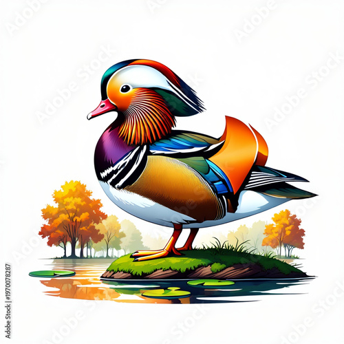 Vibrant Jewel Tone Mandarin Duck Vector Art with Lily Pads