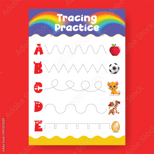 Tracing practice worksheet for letters A to E with cute illustrations and colorful rainbow background. Fun educational activity for young children to develop handwriting skills.