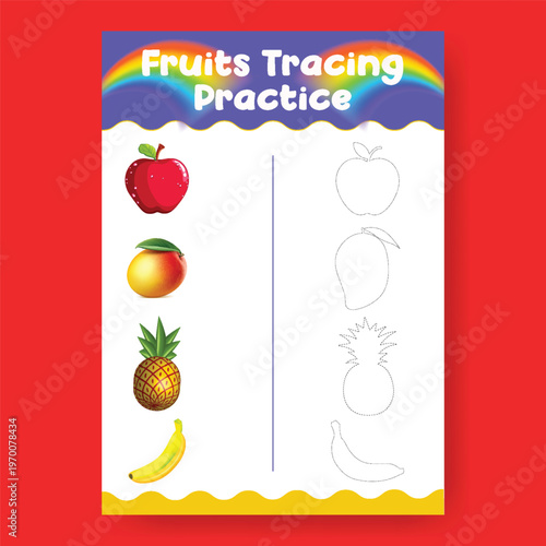 Fruits tracing practice worksheet with realistic fruit images and line drawings for kids learning. Educational activity for preschoolers to practice drawing skills.