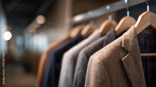 Row of stylish mens blazers on wooden hangers showcasing a professional and elegant fashion collection