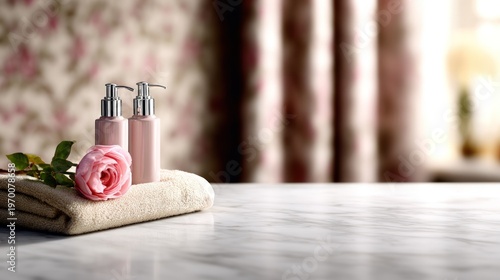 Beauty products and rose on towel for spa and personal care