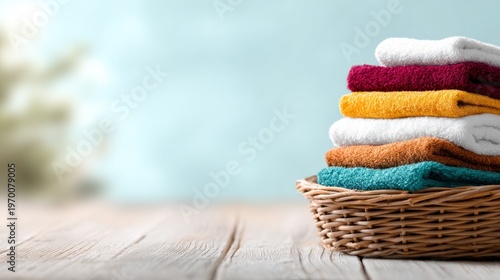 Stack of clean folded colorful bath towels in wicker laundry basket on rustic wooden table with blurred background home care and freshness concept