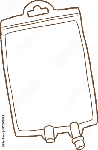 Medical IV drip bag outline illustration in minimal line style, isolated element for healthcare icons, medical infographics, hospital UI design, and clinical presentation graphics.