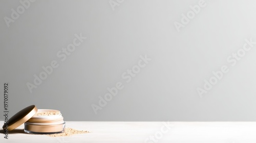 Loose face powder container with golden cap and scattered product on white surface beauty cosmetic