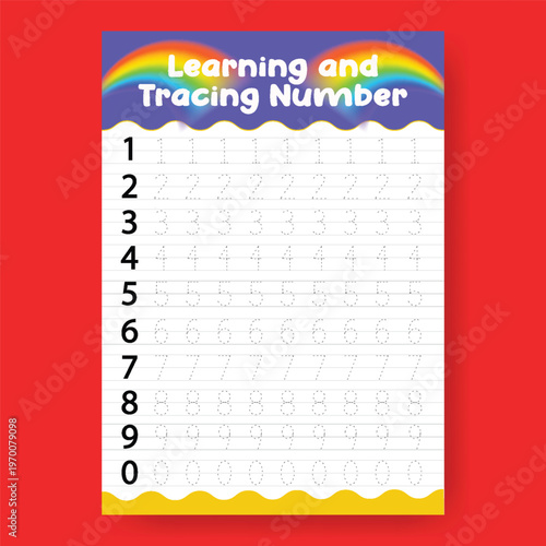 Learning and tracing number worksheet for toddlers and young children, with dotted numbers 0-9 for handwriting practice and skill development.