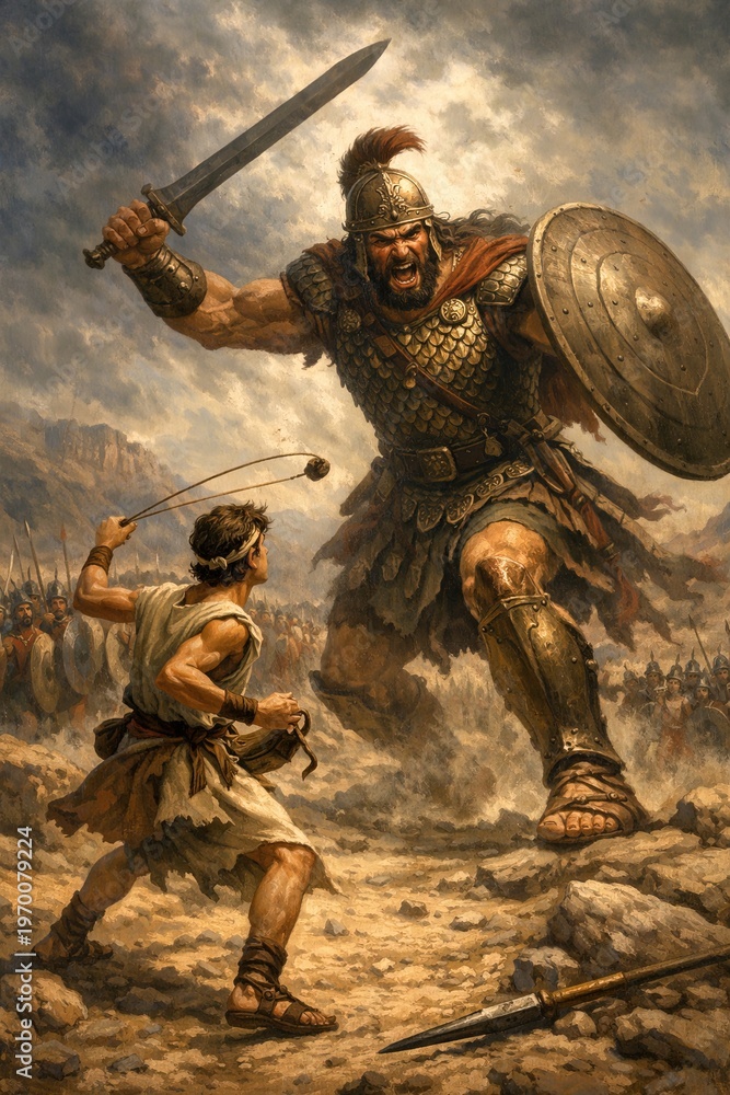 Obraz premium David with a sling faces the giant Goliath in armor with a sword against a battle background — a biblical scene of a duel in the style of classical epic painting