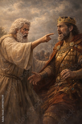 The prophet Samuel points his finger at King Saul in golden armor and a crown — a dramatic biblical scene of condemnation and divine judgment in the style of classical painting