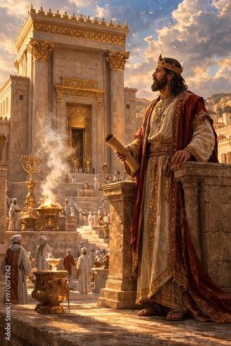 King Solomon in a crown and royal robes with a scroll stands near the majestic Jerusalem Temple with a golden altar and menorah — a biblical scene in the style of classical painting