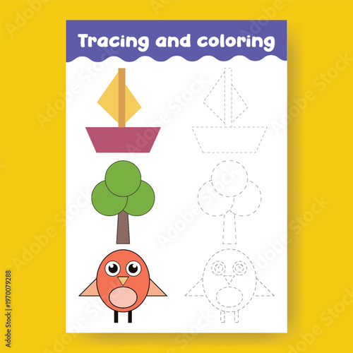 Tracing and coloring worksheet for kids featuring simple shapes and objects like a boat, tree, and bird for creative learning activities.