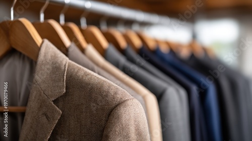 Professional mens suits and blazers hanging on wooden hangers in a closet or wardrobe display ready for formal wear