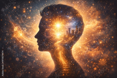A silhouette of a male head with a city and starry universe inside against a golden cosmic glow — concept of the human mind, dreams and limitless potential in the style of modern digital illustration