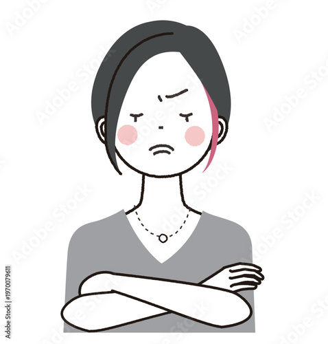 インナーカラーのショートボブの女性　怒った顔で腕組みをしている女性