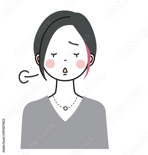 インナーカラーのショートボブの女性　大きなため息をついている女性