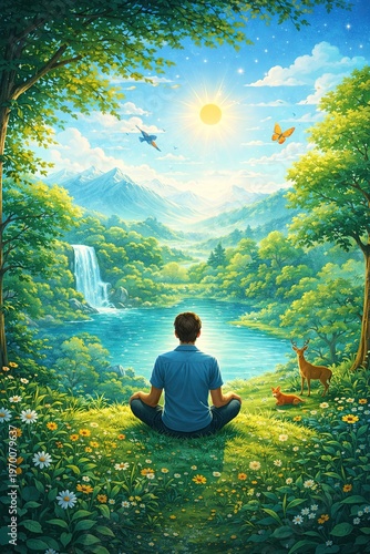 Person meditating in nature by lake with mountains waterfall and animals under sunlight harmony between human and nature calm inner balance