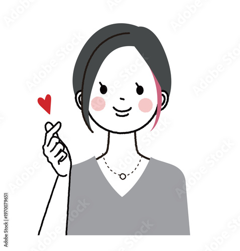 インナーカラーのショートボブの女性　指ハート