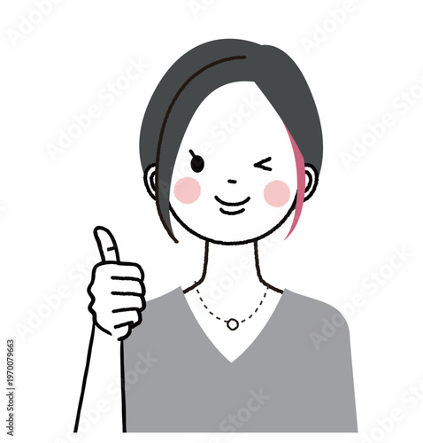 インナーカラーのショートボブの女性　ウインクしながら親指を立てている女性