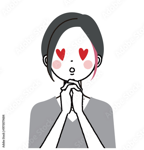 インナーカラーのショートボブの女性　目をハートにしてうっとりする女性