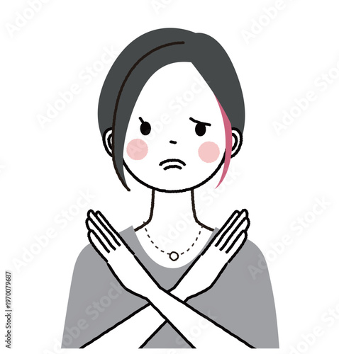 インナーカラーのショートボブの女性　手でバツを示している女性