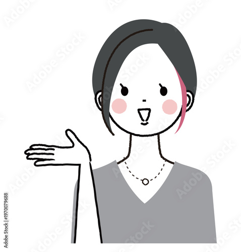 インナーカラーのショートボブの女性　こちらですのポーズをしている女性