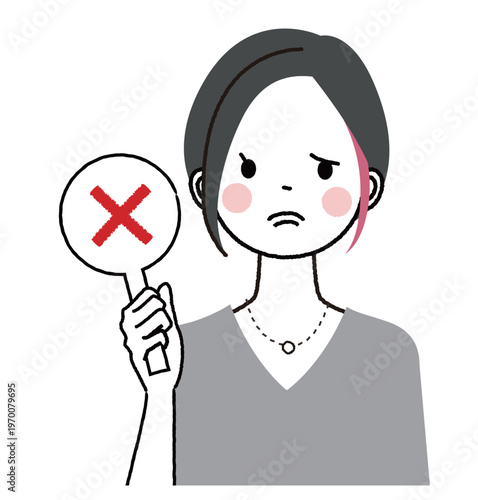 インナーカラーのショートボブの女性　バツのプラカードを出す女性