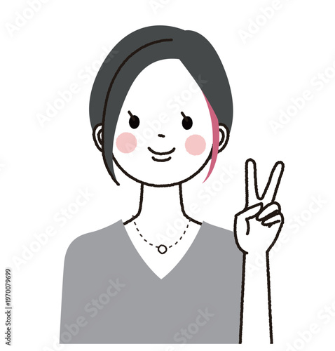 インナーカラーのショートボブの女性　笑顔でピースをする女性