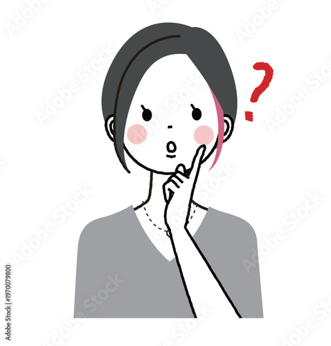 インナーカラーのショートボブの女性　不思議そうな顔をして考えている女性