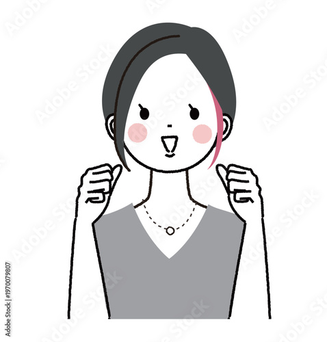 インナーカラーのショートボブの女性　両手でガッツポーズをして応援している女性