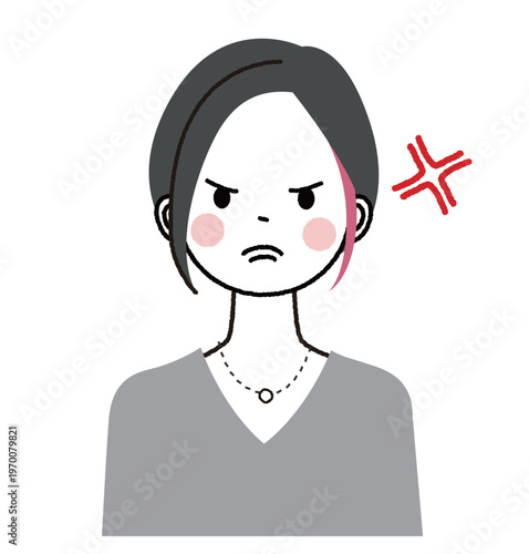 インナーカラーのショートボブの女性　怒っている表情の女性