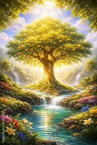 Tree of life in paradise garden with glowing light river and flowers biblical symbol eternity blessing divine presence