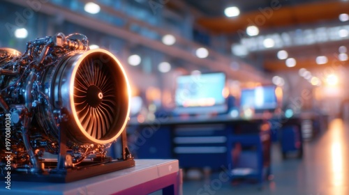 Advanced jet engine model in a modern factory setting illustrating aerospace engineering and manufacturing innovation
