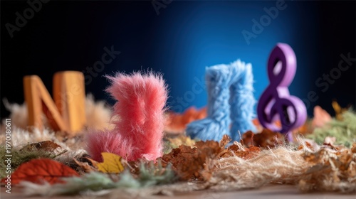 Cozy miniature colorful fluffy boots creative autumn composition with musical symbol and natural elements on textured surface