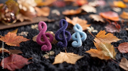 Colorful musical treble clef symbols with autumn leaves on a soft textured background representing fall season music and artistic creativity