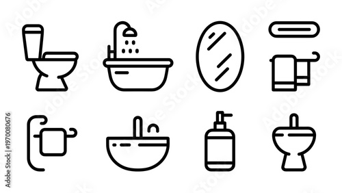 Minimal Bathroom Icon Set Toilets, Showers & Washbasins Line Collection