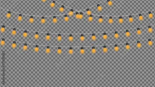 Abstract Christmas string lights garland with warm orange glow. Curved fairy light bulbs hanging on transparent background for wedding, party, and holiday celebration decoration.