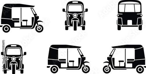 Set of auto rickshaw black silhouette icons including front side and back views isolated on white background for public transportation and urban travel designs.